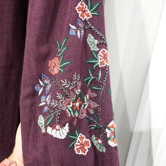J JILL Boho Chic Plum Long Sleeve Blouse Floral Embroidered Cotton Blend Tunic - Picture 10 of 16